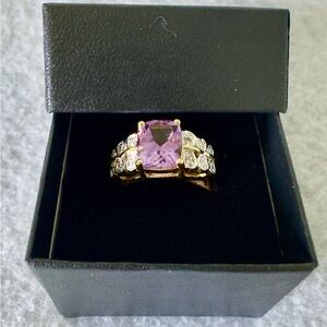 Amethyst & White Topaz Cushion Cut Ring Yellow Gold & Sterling Silver Accent
